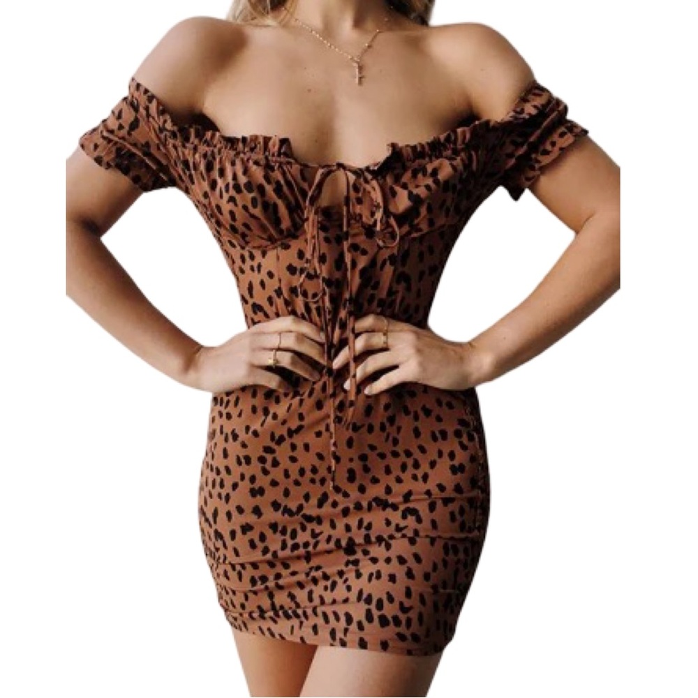 O. Vianca Rust Animal Print Smocked Mini Dress Off shoulder Small Summer - Picture 8 of 9